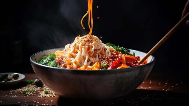 Striking photo of a bowl of spicy udon noodles garnished with fresh herbs in a Japanese ambiance
