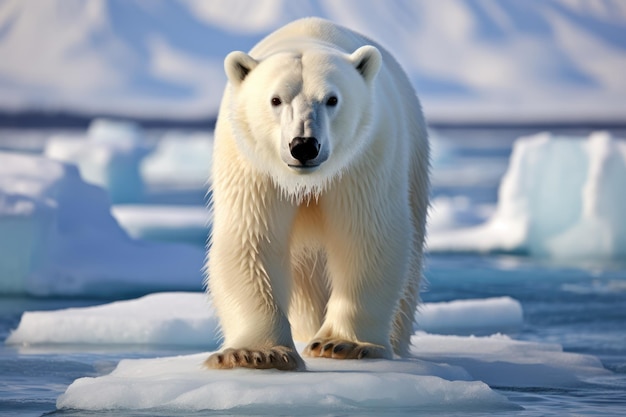 A striking photo of a polar bear standing on an ice floe in the Arctic