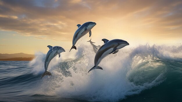 Photo a striking photograph of a pod of dolphins leaping through the waves