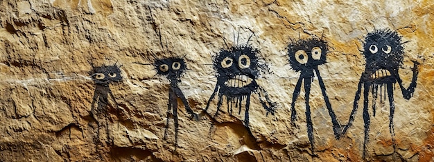 A striking piece of modern cave art depicting a series of black figures with white eyes seemingly