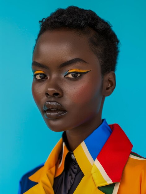 파란색 에 있는 대담 한 메이크업 과 다채로운 패션 을 가진 세련 된 아프리카 여성 의 눈에 띄는 초상화