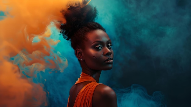 Striking portrait of a woman with colorful smoke background modern and artistic photograph with a dramatic look ideal for diverse visual needs AI