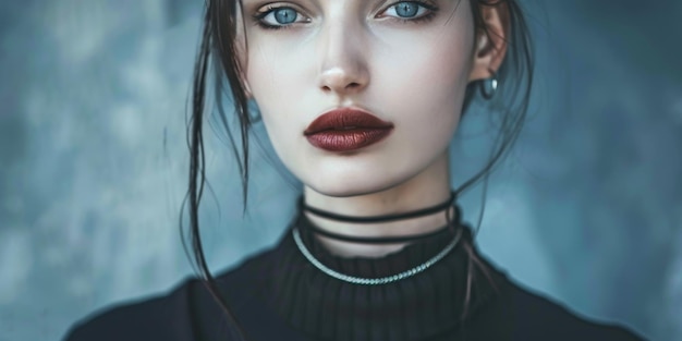 Photo striking portrait of a young white woman with piercing blue eyes and red lipstick