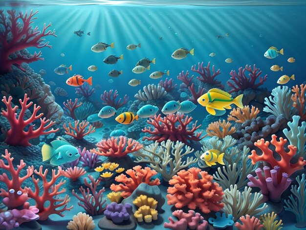 A striking underwater photograph of a vibrant coral reef with a variety of marine life