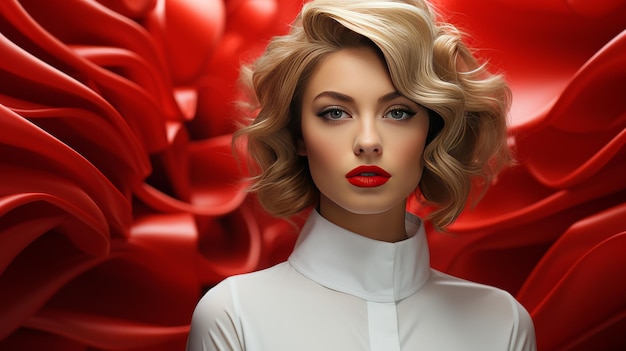 A striking woman with blonde hair and red lipstick exudes confidence and beauty