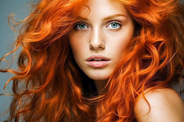 Photo a striking woman with long fiery red hair contrasts against her pale complexion