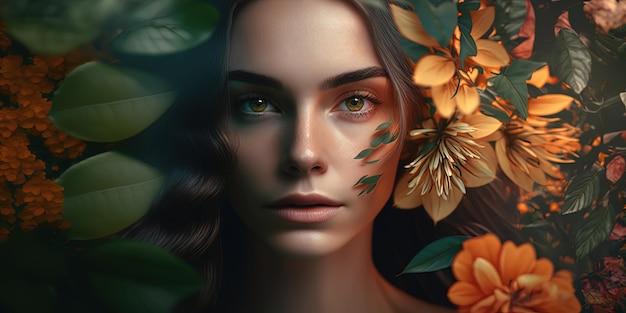 무성한 초목과 섬세한 꽃으로 그녀의 특징을 강화한 눈에 띄는 젊은 여성 AIGenerated