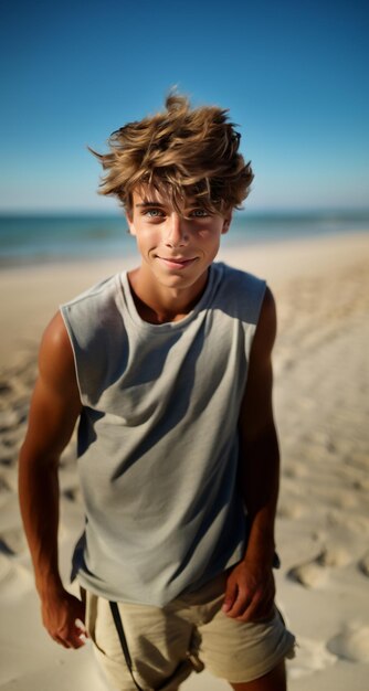 Striking Young surfer Boy with Tousled Hair Displaying Athleticism on a Sunlit Beach