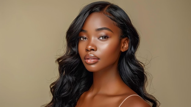 Striking young woman with glossy black hair and subtle makeup