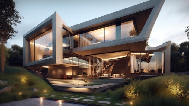 A strikingly modern home featuring sharp geometric shapes Modern house architecture AI generated