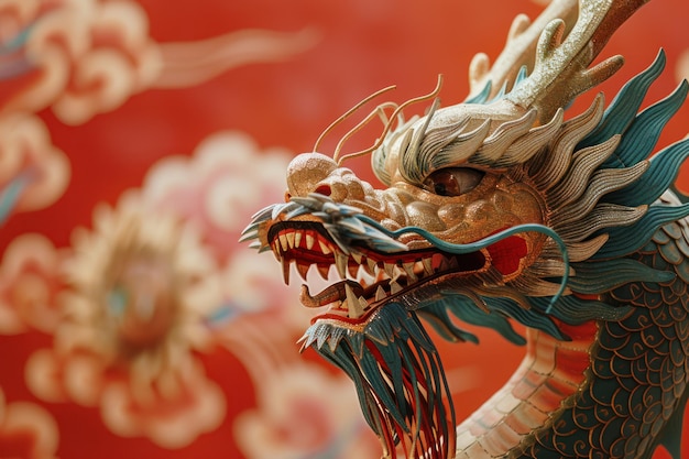 鮮やかで鮮やかな中国のドラゴンイラスト 花のモチーフを織る
