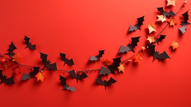 A string of black and orange bats with stars and a red background.