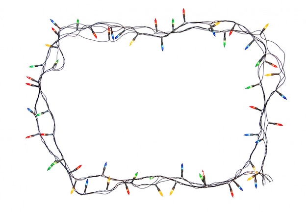 クリッピングパスと白い背景で隔離のクリスマスライトフレームの文字列