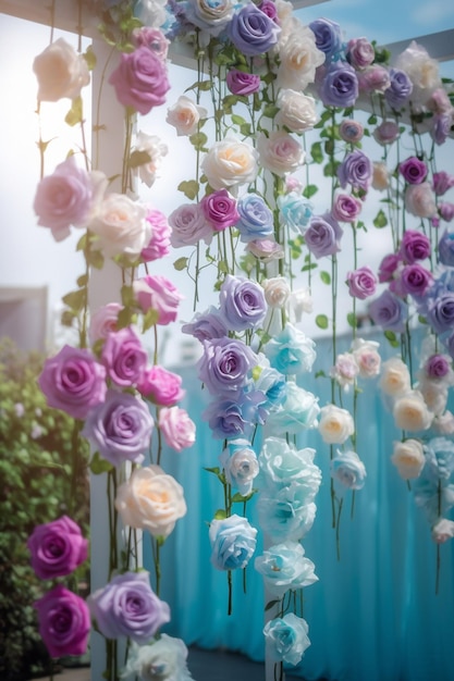 A string of flowers hanging on a white fence.