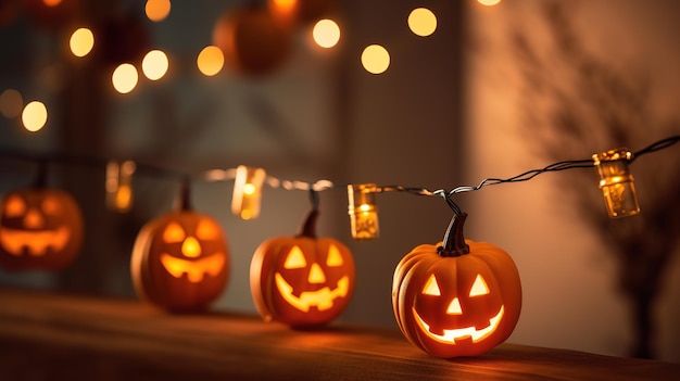 A string of halloween lights with jack'o lanterns hanging from them