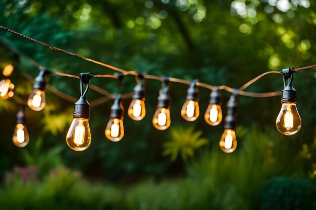 A string of hanging light bulbs with a green background