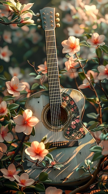 Photo string instrument guitar accessory surrounded by botany flowers in a garden