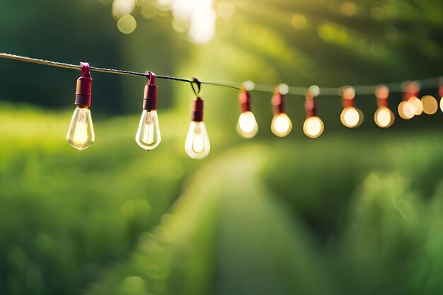 Photo string of light bulbs hanging on a rope with the sun shining through the grass.