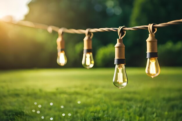 String of light bulbs hanging on a rope with the sun behind them