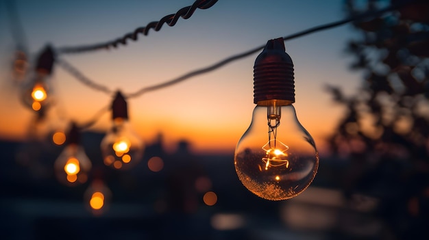 A string of light bulbs hangs from a wire with the sunset in the background.