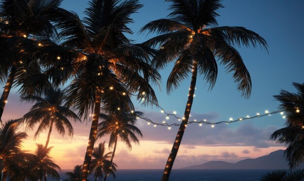 A string of lights hanging from a palm tree