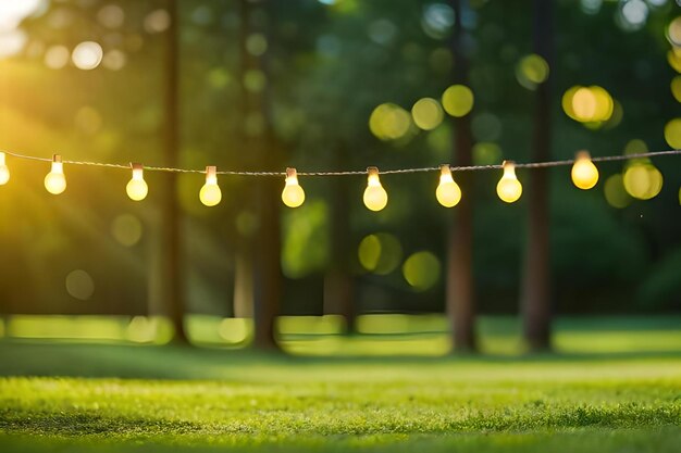 A string of lights hanging on a rope in the grass