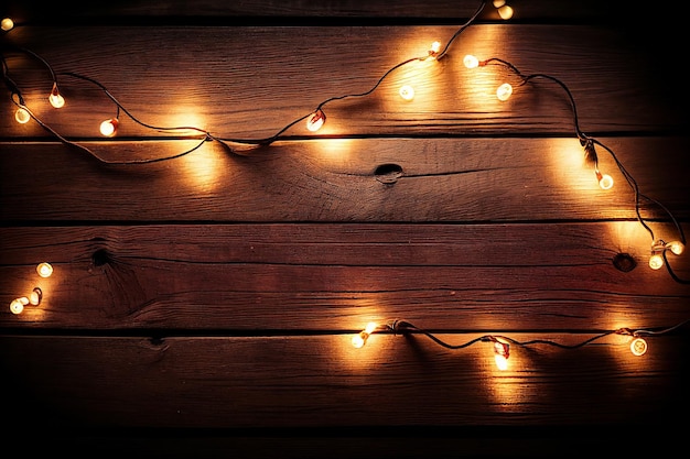 A string of lights on a wooden wall.