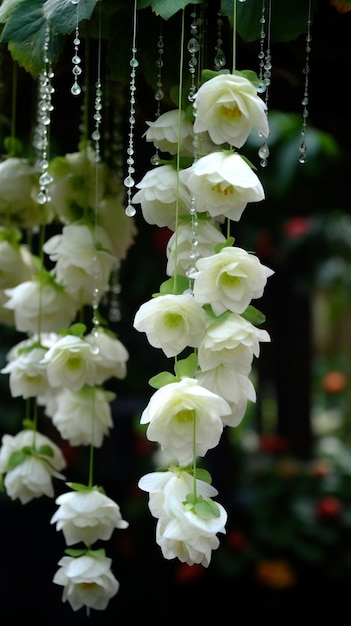 A string of white flowers hangs from a string.