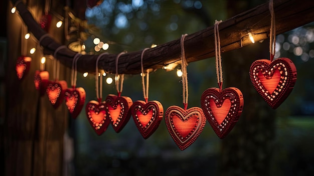 a string of wooden hearts hangs from a tree in the style of night photography