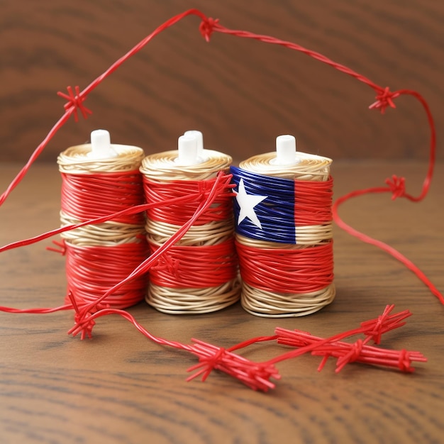 A string of yarn with a star on it sits on a table