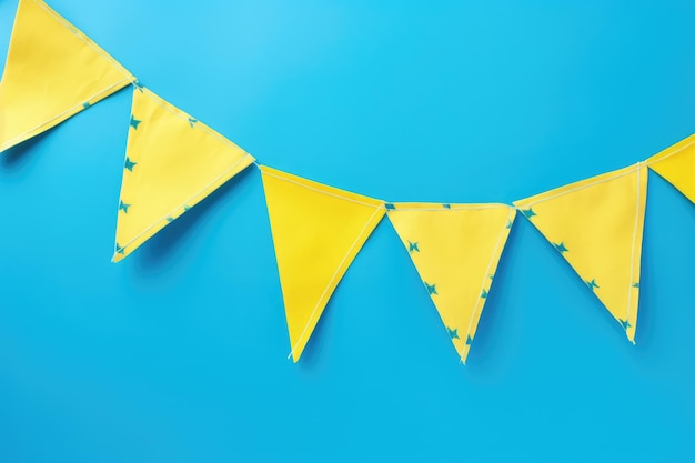 String of yellow bunting on blue background created using generative ai technology