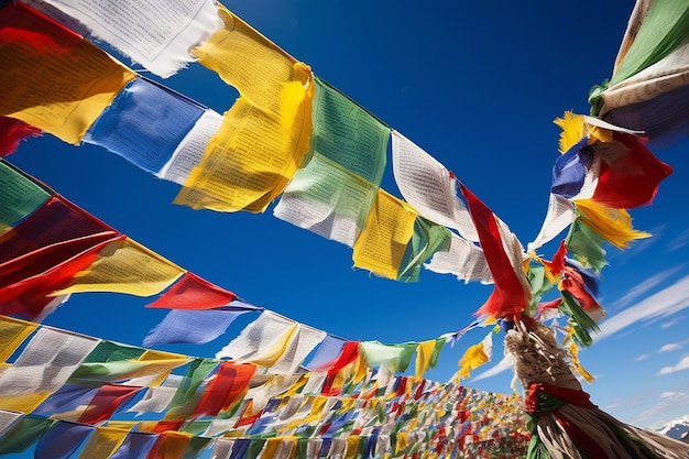 Strings of Colorful Prayer Flags Fluttering