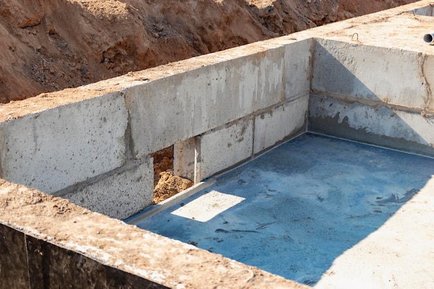 Striscia di fondazione di un nuovo edificio da blocchi di fondazione in cemento la fondazione per la costruzione delle pareti della casa