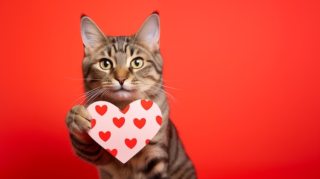 Striped adult cat with heart looking at camera with love Postcard with funny pet for Valentine's Day Festive background with copy space