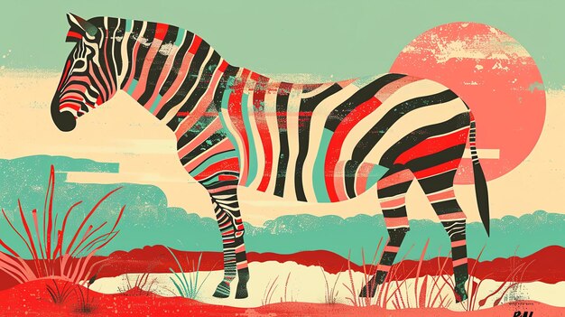 Photo striped african zebra with vibrant colors stands on the red ground with green grass