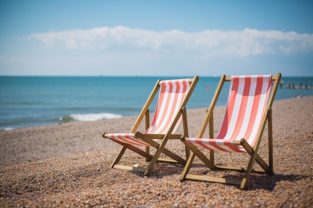 Striped Beach chairs umbrella Sunset tropical resort Generate Ai