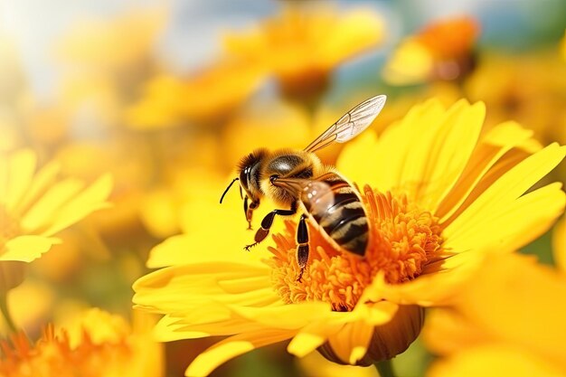 ストライプミツバチが黄色い花で蜂蜜を集めている