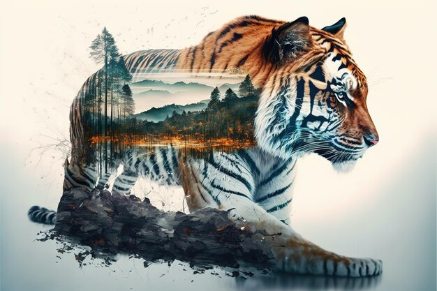 Striped bengal tiger in double exposure merge its head with superb background