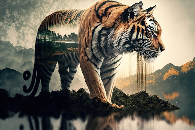 Striped bengal tiger in double exposure merge its head with wondrous background