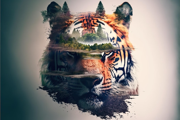 Striped bengal tiger in double exposure merge its head