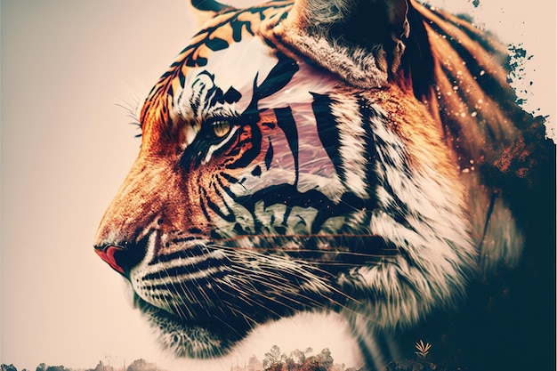 Striped bengal tiger in double exposure merge its head