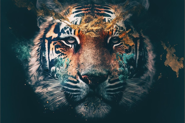 Striped bengal tiger in double exposure merge its head