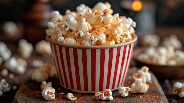 Striped bowl of popcorn on an old wooden background A box of salty or sweet popcorn