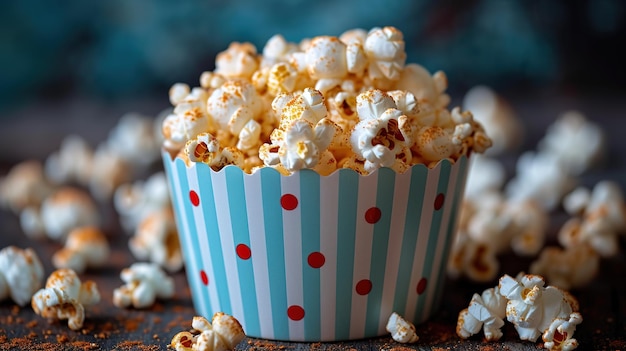 Striped box with popcorn on blue background With copy space