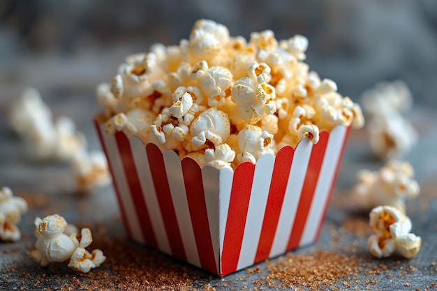 Striped box with popcorn on blue background With copy space