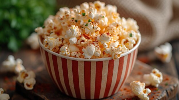 Photo striped box with popcorn on red background