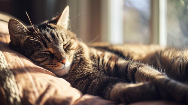 줄무 ⁇  고양이 가 창문 근처 에 있는 부드러운 베개 에  ⁇  에  ⁇ 은 낮잠 을 즐긴다