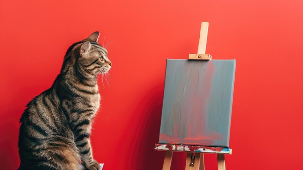 Photo striped cat intently observing blank canvas on easel against vibrant red background