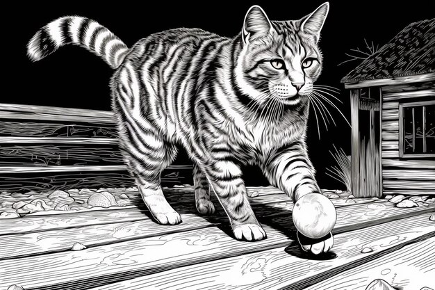 Photo striped cat playing with a ball of thread in the style of engraving