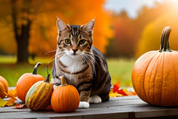 A striped cat sits on a table among pumpkins and a basket of autumn flowers